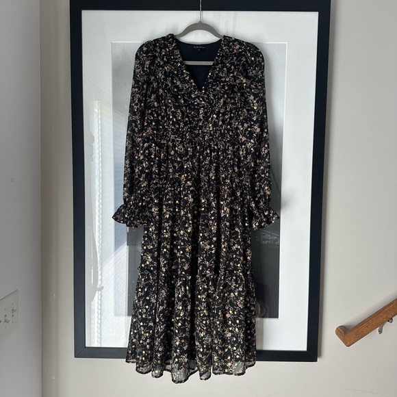 Black Floral Chiffon Ruffle Accent Maternity Midi Dress - Picture 3 of 6